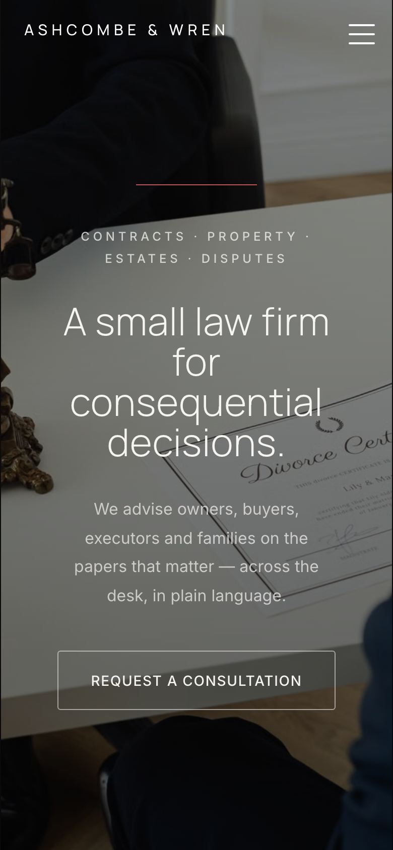 The Ashcombe & Wren website on a phone