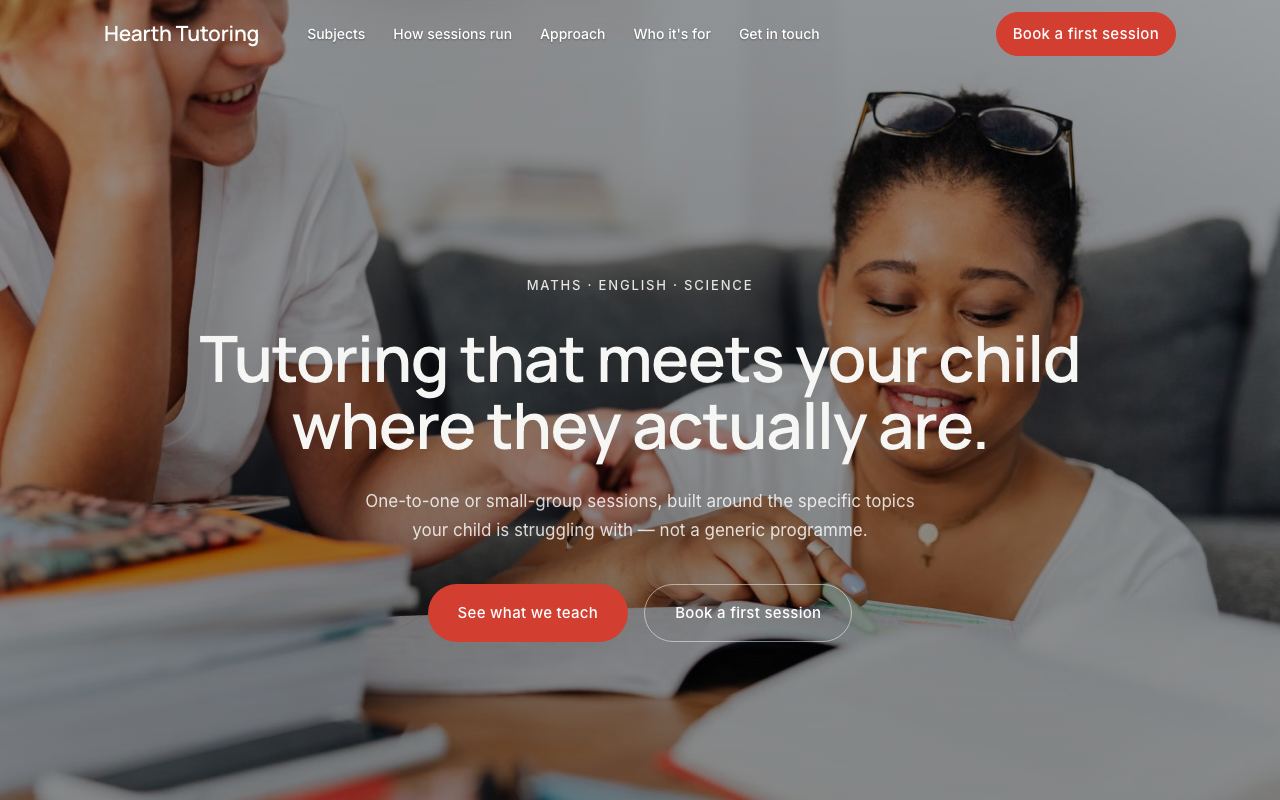 The Hearth Tutoring website on a desktop