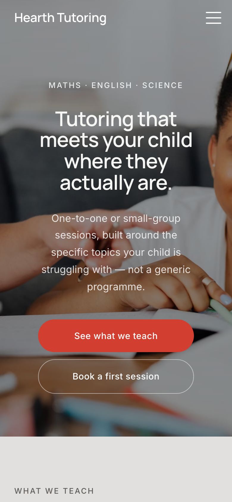 The Hearth Tutoring website on a phone